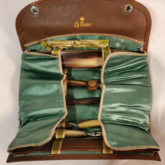 7pc VTG La Cross Bakelite Nail Grooming Manicure Set Leather Silk Case - Picture 5 of 11